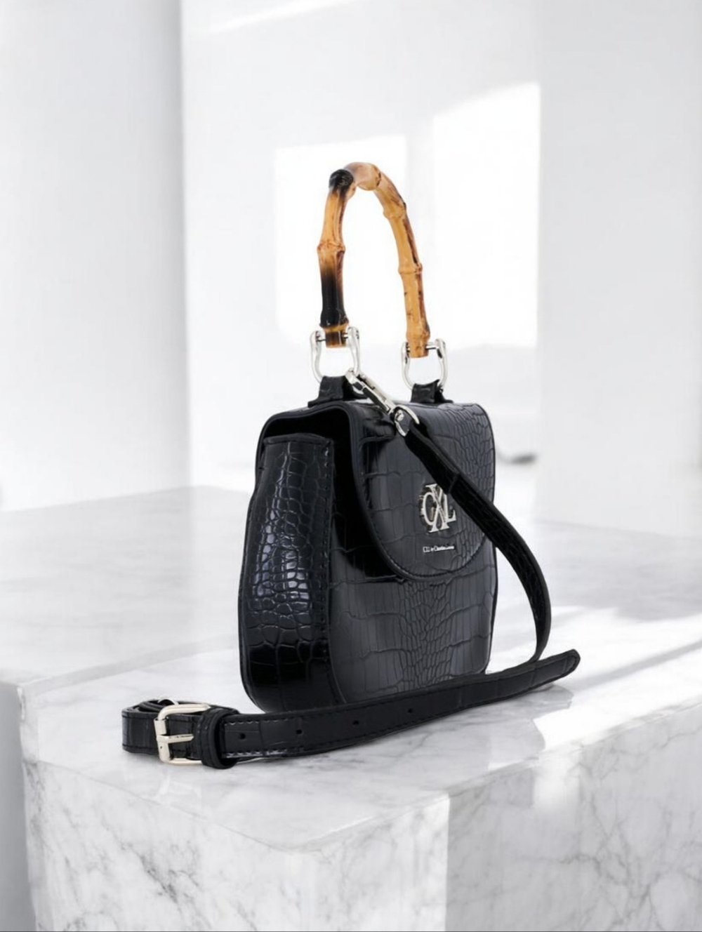 Christian Lacroix Black Croc-Embossed Mini Bag with Bamboo Top Handle - Picture 2 of 4